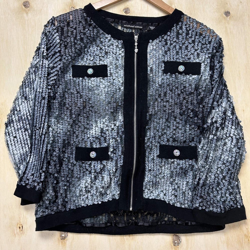 Michael Simon Cardigan Sweater Womens Medium Silver Sequin Full Zip‎ Lace Party